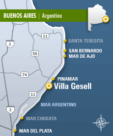 Mapa de ubicación de Villa Gesell en la Costa Atlántica Argentina - Rutas de acceso