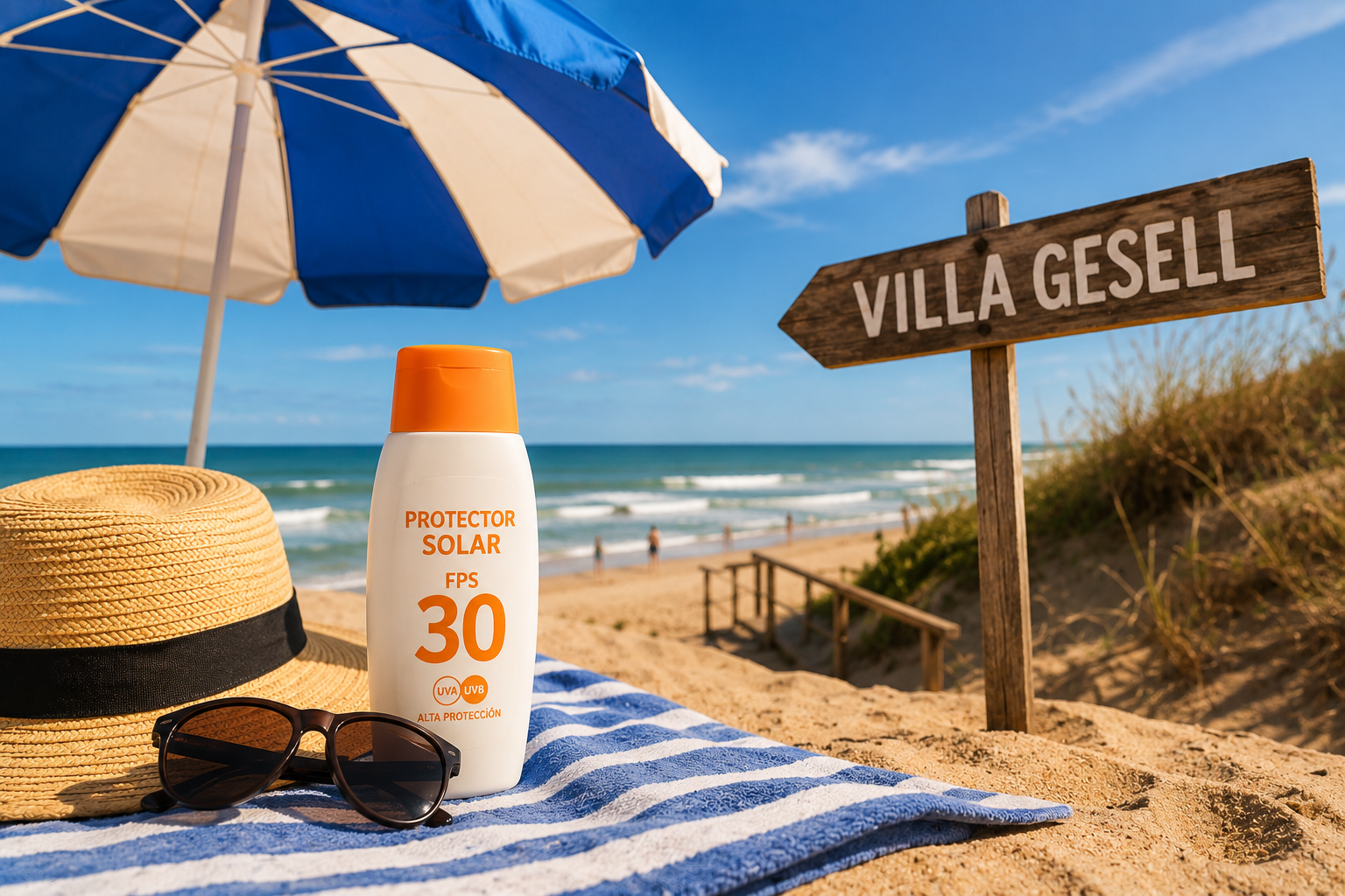 Protector solar y sombrilla en la playa de Villa Gesell - Consejos para protegerte del sol